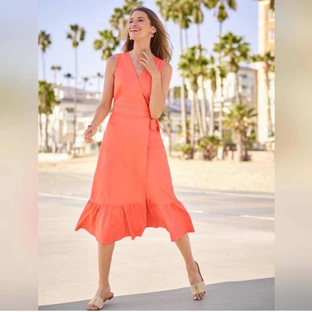 Talbots Peach Sleeveless V Neck Cotton Poplin Wrap Dress with Ruffle